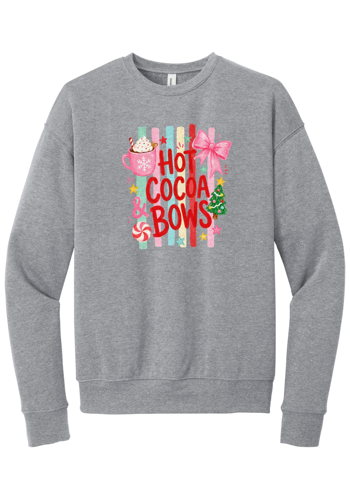 Hot Cocoa and Bows crewneck sweatshirt in Athletic Heather, featuring red HOT COCOA and BOWS letters on pastel stripes with a cocoa mug and a pink bow