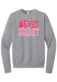 Merry and Bright Sequin crewneck sweatshirt in Athletic Heather, featuring varsity MERRY and BRIGHT letters with a pink and red sequin look