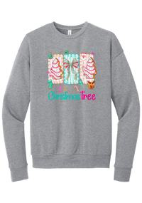 Oh Christmas Tree Cakes crewneck sweatshirt in Athletic Heather, featuring frosted Christmas tree snack cakes on pink and mint panels over Oh Christmas Tree lettering