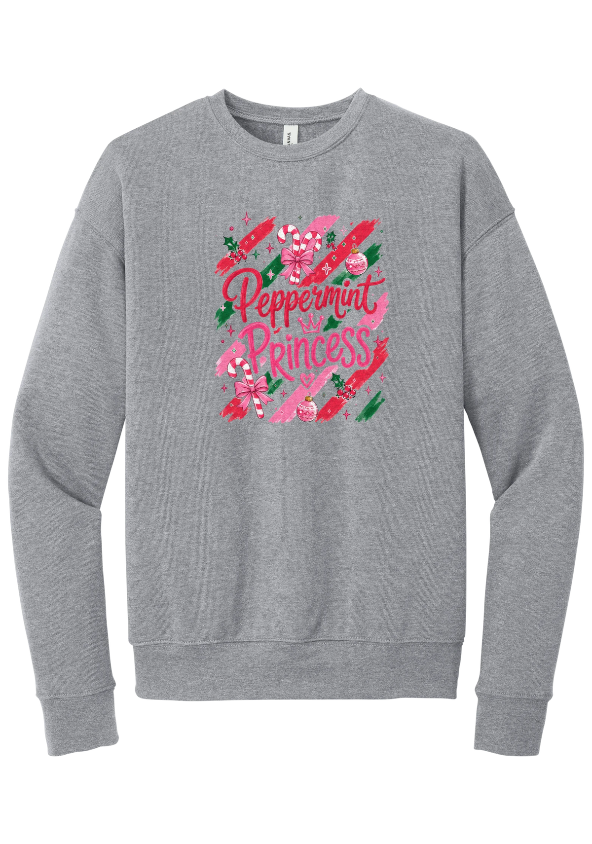Peppermint Princess crewneck sweatshirt in Athletic Heather, featuring pink Peppermint Princess script with candy canes, a crown, and bows on red and green brush strokes