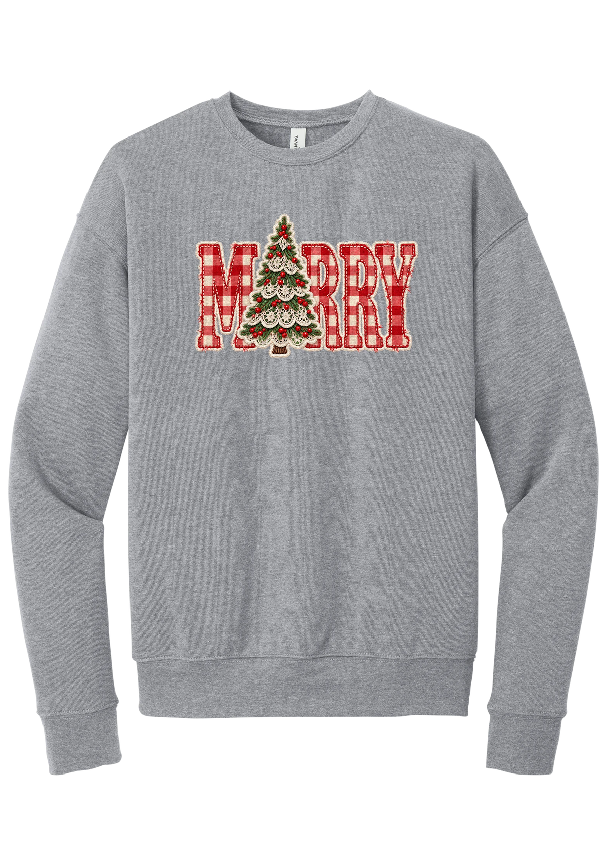 Red Gingham Merry Tree crewneck sweatshirt in Athletic Heather, featuring red gingham MERRY letters with a lace-trimmed Christmas tree in the center
