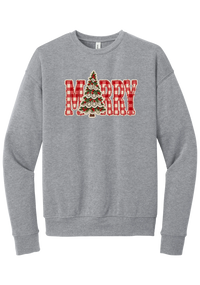 Red Gingham Merry Tree crewneck sweatshirt in Athletic Heather, featuring red gingham MERRY letters with a lace-trimmed Christmas tree in the center