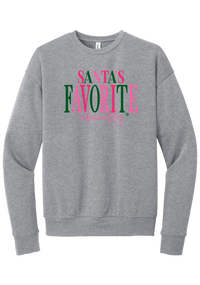 Santa's Favorite, Obviously crewneck sweatshirt in Athletic Heather, featuring SANTA'S FAVORITE in pink and green serif lettering with a pink script obviously and a green snowflake