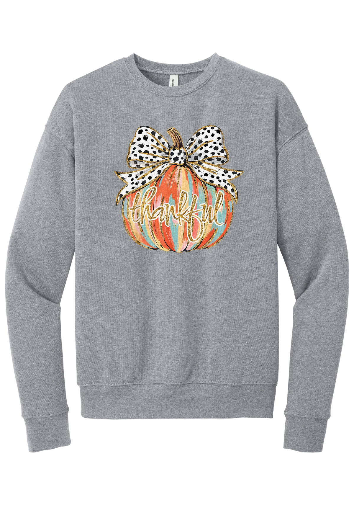 Thankful Pumpkin Bow crewneck sweatshirt in Athletic Heather, featuring a painted pumpkin with a spotted bow and thankful in gold glitter script