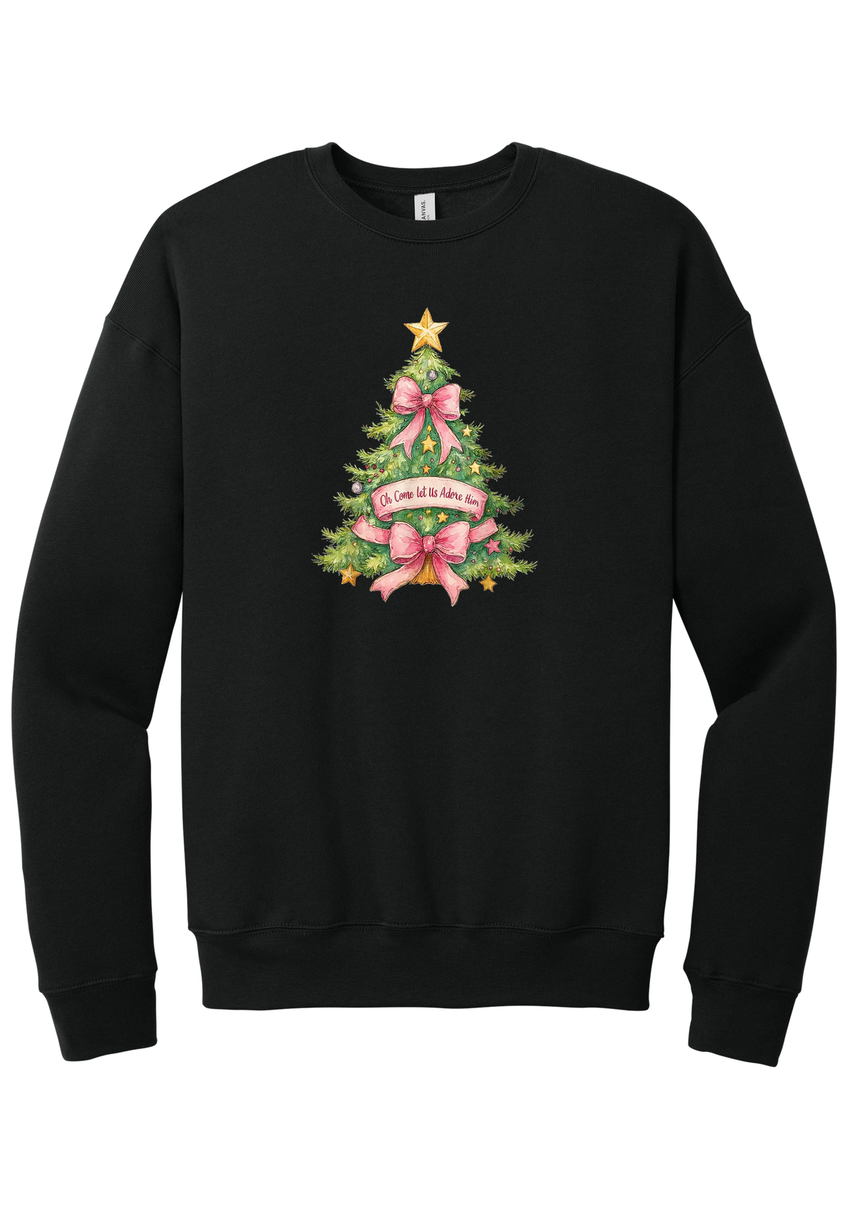Adore Him Bow Tree crewneck sweatshirt in Black, featuring a green Christmas tree with pink bows, a gold star, and an Oh Come Let Us Adore Him banner