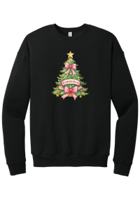 Adore Him Bow Tree crewneck sweatshirt in Black, featuring a green Christmas tree with pink bows, a gold star, and an Oh Come Let Us Adore Him banner
