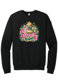 Artful O Holy Night crewneck sweatshirt in Black, featuring a painted nativity under the star of Bethlehem with O Holy Night lettering framed by pink poinsettias and evergreen