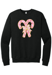 Candy Cane Bow crewneck sweatshirt in Black, featuring two pink glitter candy canes tied with a leopard heart bow and gold trim