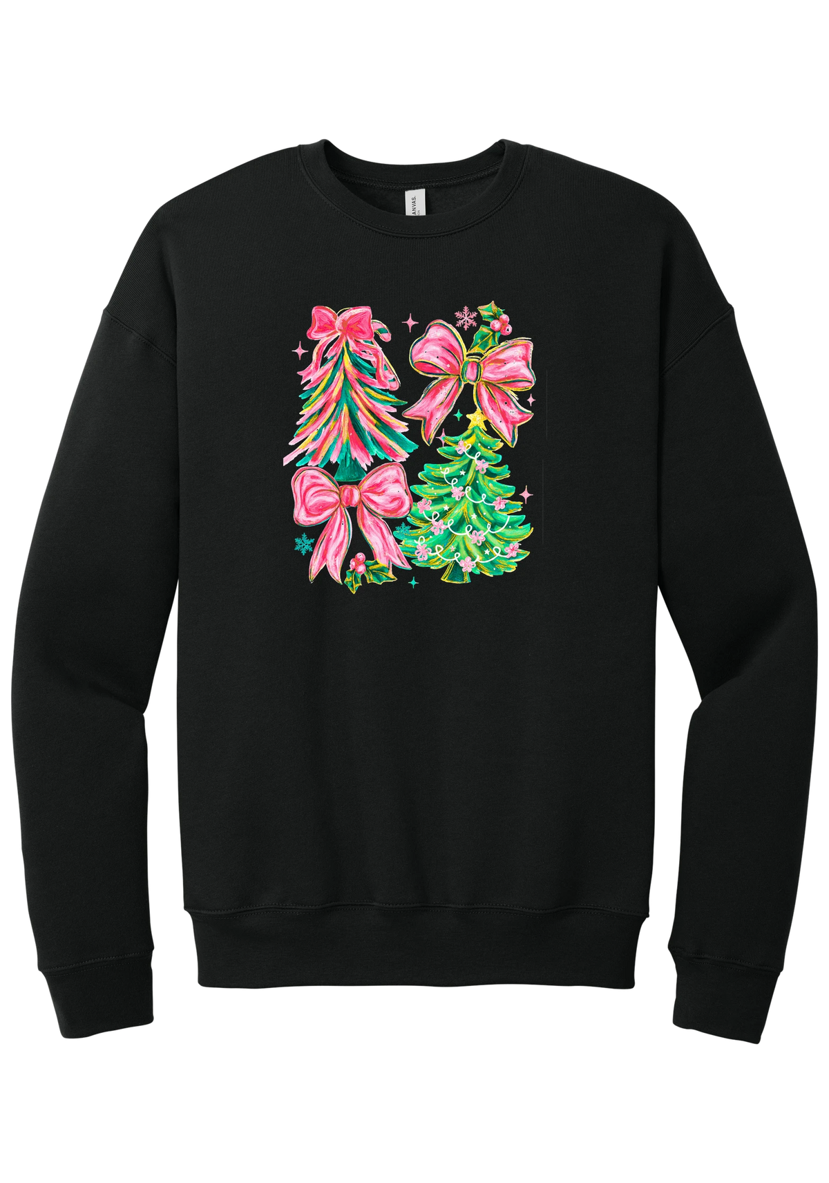 Christmas Tree Bows crewneck sweatshirt in Black, featuring painted pink and green Christmas trees with big pink satin bows