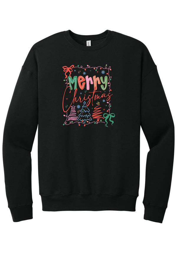 Coquette Merry Christmas Outline crewneck sweatshirt in Black, featuring Merry Christmas bubble letters and script framed by string lights, coquette bows, and sketched Christmas trees