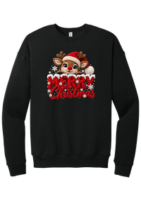 Crocheted Rudolph Merry Christmas crewneck sweatshirt in Black, featuring a crochet-style reindeer in a Santa hat peeking over knit-texture Merry Christmas lettering with snowflakes