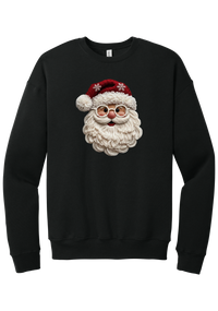 Crocheted Santa crewneck sweatshirt in Black, featuring a yarn-textured Santa face with a chunky cream beard, round glasses, and a red knit hat with snowflakes and a pom-pom