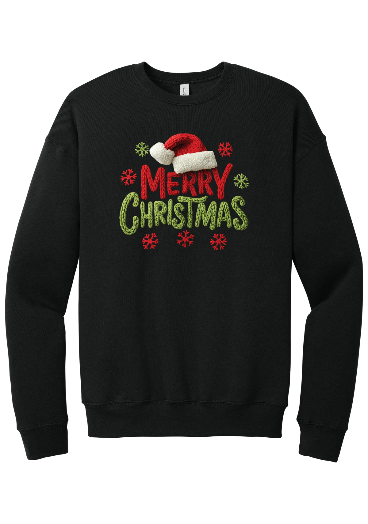 Crocheted Santa Hat Merry Christmas crewneck sweatshirt in Black, featuring a knit Santa hat over chunky red and green knit-texture Merry Christmas lettering with crochet snowflakes