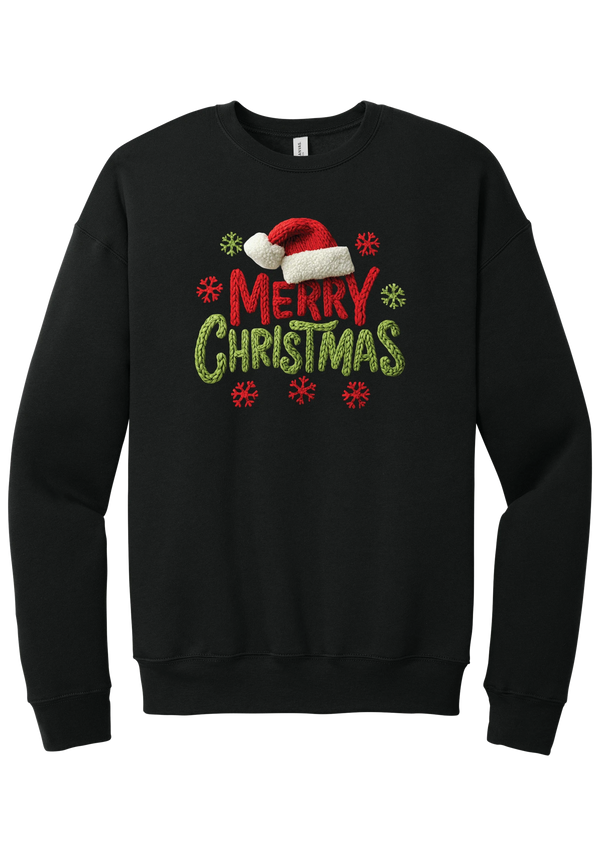 Crocheted Santa Hat Merry Christmas crewneck sweatshirt in Black, featuring a knit Santa hat over chunky red and green knit-texture Merry Christmas lettering with crochet snowflakes