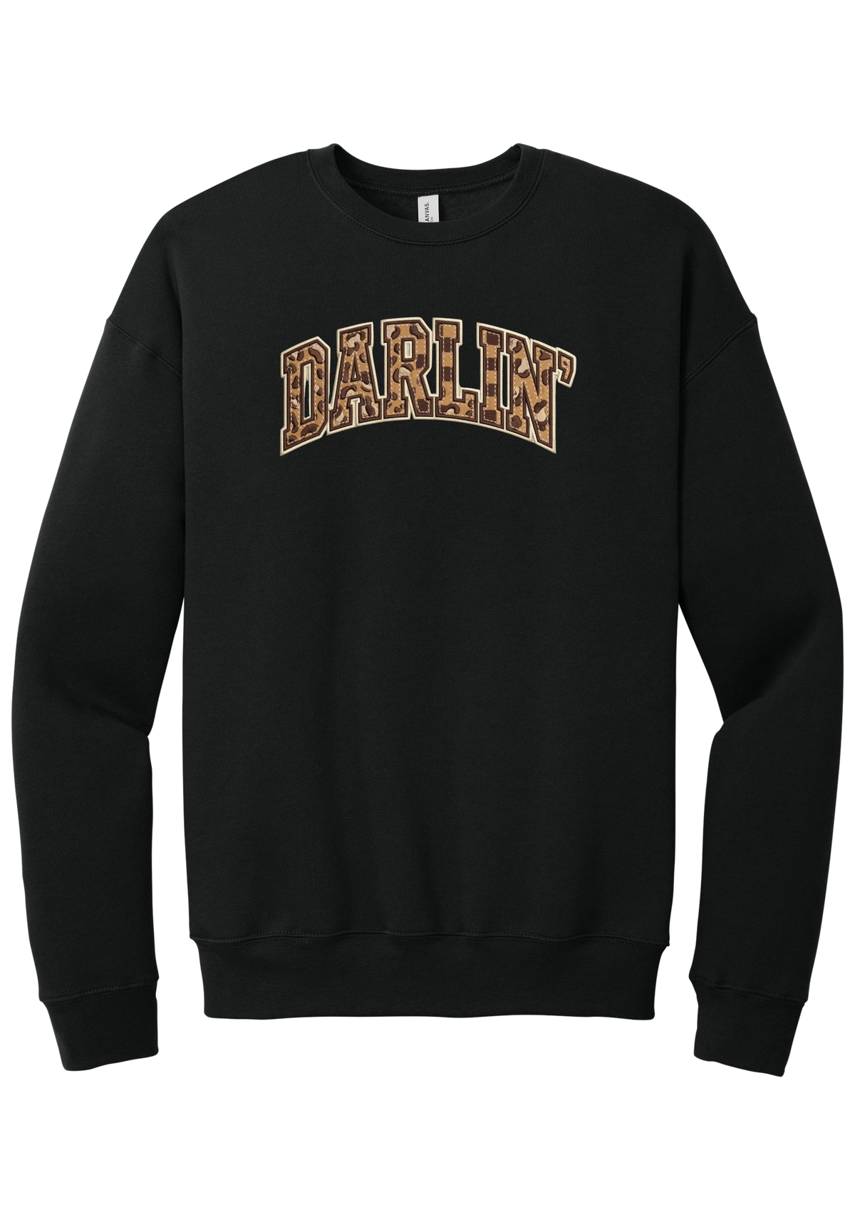 Darlin' crewneck sweatshirt, Checker Outline design, in Black, featuring arched varsity DARLIN' letters filled with leopard and checker print