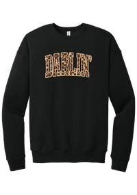 Darlin' crewneck sweatshirt, Leopard Checker design, in Black, featuring arched varsity DARLIN' letters filled with leopard and checker print