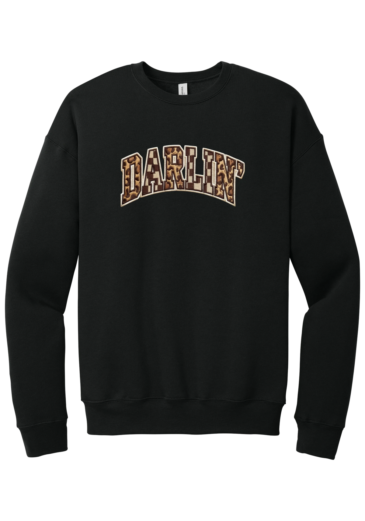 Darlin' crewneck sweatshirt, Patchwork design, in Black, featuring arched varsity DARLIN' letters filled with leopard and checker print