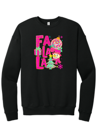 Fa La La Snowman crewneck sweatshirt in Black, featuring stacked hot pink FA LA LA letters with a snowman, a tinsel tree, gifts, and ornaments