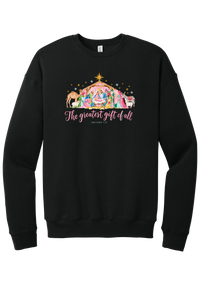 The Greatest Gift of All crewneck sweatshirt in Black, featuring a pastel watercolor nativity scene under the star with The Greatest Gift of All script and Matthew 1:21