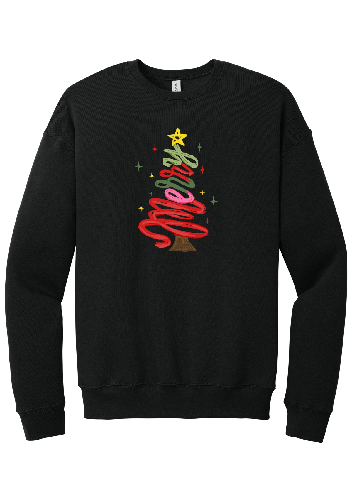 Hand Script Merry Christmas Tree crewneck sweatshirt in Black, featuring loopy hand-drawn script in red, pink, and green forming a Christmas tree with a gold star and sparkles