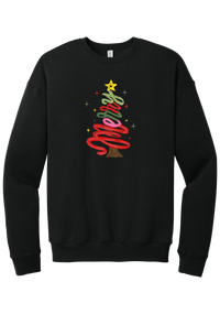 Hand Script Merry Christmas Tree crewneck sweatshirt in Black, featuring loopy hand-drawn script in red, pink, and green forming a Christmas tree with a gold star and sparkles