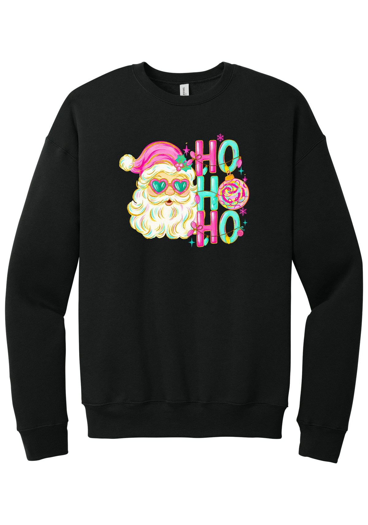 Ho Ho Ho Santa Portrait crewneck sweatshirt in Black, featuring a pink-hatted Santa in teal heart sunglasses with stacked HO HO HO letters