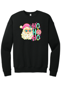 Ho Ho Ho Santa Portrait crewneck sweatshirt in Black, featuring a pink-hatted Santa in teal heart sunglasses with stacked HO HO HO letters