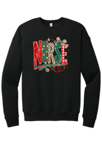 Holiday Nurse Stethoscope crewneck sweatshirt in Black, featuring patterned NURSE letters in red and green argyle, leopard, and gingham with a striped bow, holly, and a red heart stethoscope