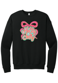 Holly Jolly Bow Script crewneck sweatshirt in Black, featuring pink gingham Holly Jolly script on a teal badge framed by a big pink bow