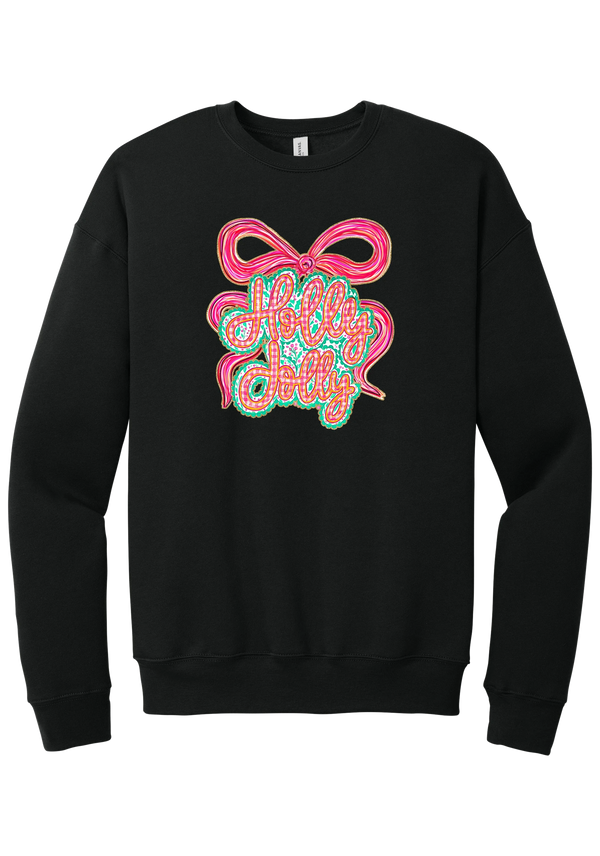 Holly Jolly Bow Script crewneck sweatshirt in Black, featuring pink gingham Holly Jolly script on a teal badge framed by a big pink bow
