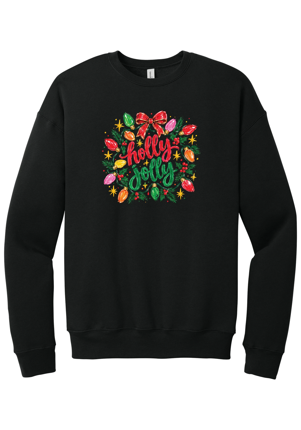 Holly Jolly Christmas Lights crewneck sweatshirt in Black, featuring hand-lettered holly jolly script framed by vintage Christmas bulb lights, pine, holly berries, and a red bow