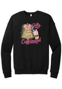 Jolly and Caffeinated crewneck sweatshirt in Black, featuring a pink bow Christmas tree and an iced coffee with Jolly and Caffeinated script