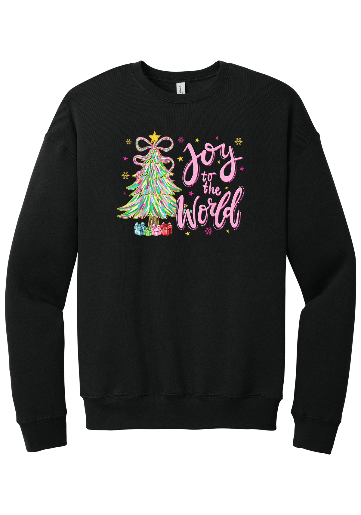 Joy to the World Pastel Tree crewneck sweatshirt in Black, featuring a pastel tinsel tree with a bow beside Joy to the World pink script
