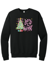 Joy to the World Pastel Tree crewneck sweatshirt in Black, featuring a pastel tinsel tree with a bow beside Joy to the World pink script
