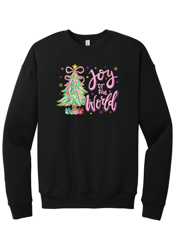 Joy to the World Pastel Tree crewneck sweatshirt in Black, featuring a pastel tinsel tree with a bow beside Joy to the World pink script
