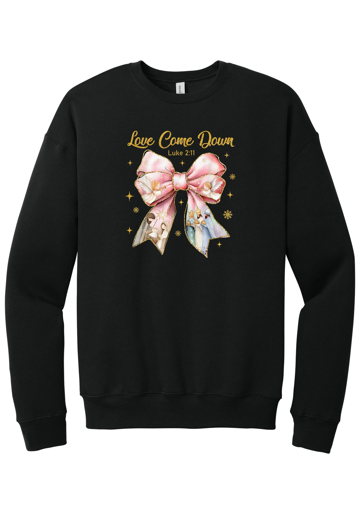 Love Came Down Nativity Bow crewneck sweatshirt in Black, featuring a blush satin bow with painted nativity scenes under gold Love Came Down script and Luke 2:11