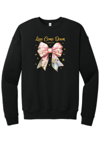 Love Came Down Nativity Bow crewneck sweatshirt in Black, featuring a blush satin bow with painted nativity scenes under gold Love Came Down script and Luke 2:11