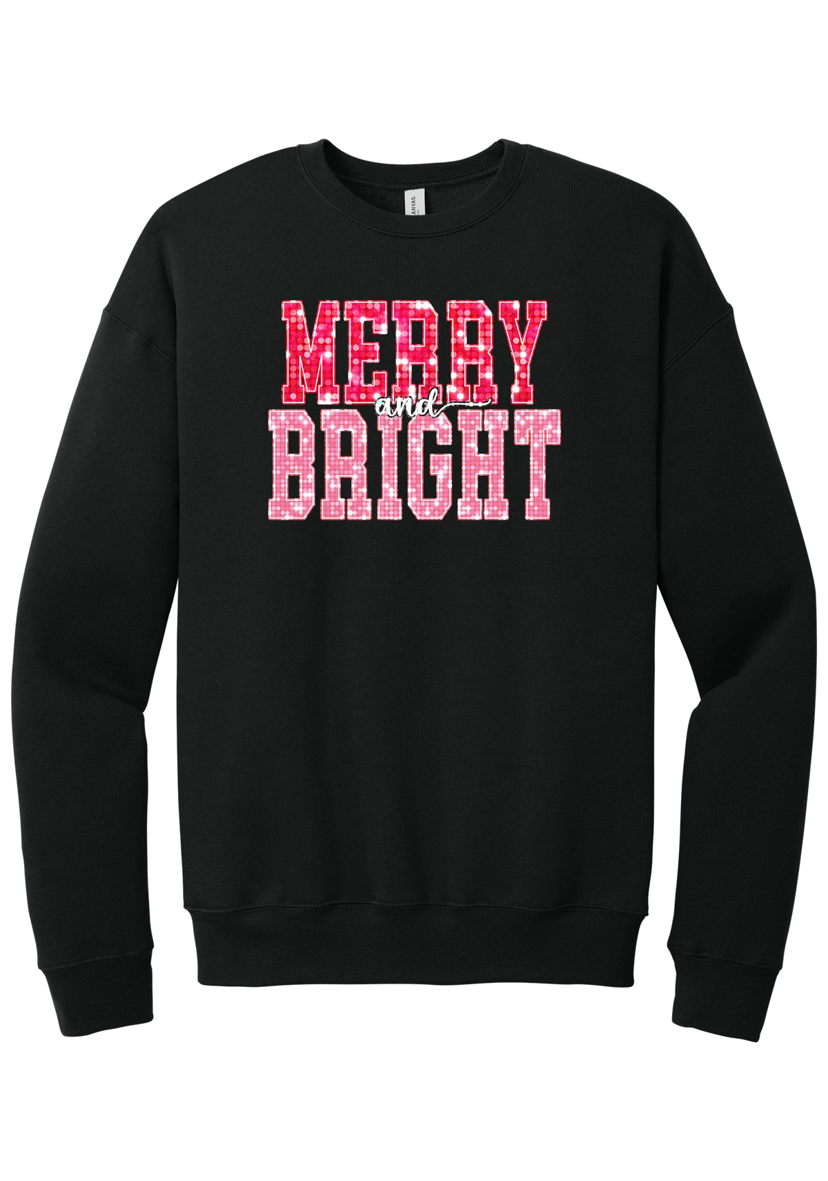 Merry and Bright Sequin crewneck sweatshirt in Black, featuring varsity MERRY and BRIGHT letters with a pink and red sequin look