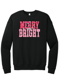 Merry and Bright Sequin crewneck sweatshirt in Black, featuring varsity MERRY and BRIGHT letters with a pink and red sequin look