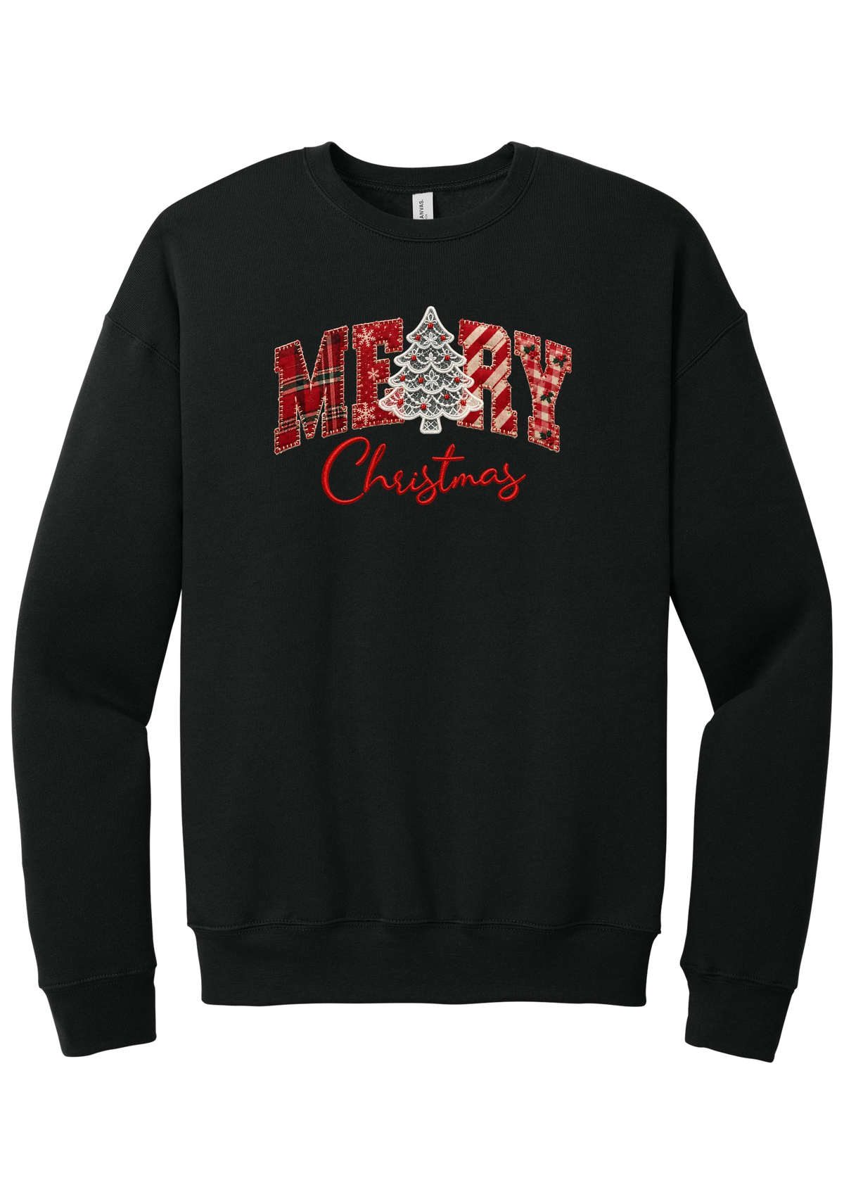 Merry Lace and Pattern Applique crewneck sweatshirt in Black, featuring faux applique MERRY letters in red plaid, snowflake, candy cane, and gingham fabrics with a lace Christmas tree and red script Christmas