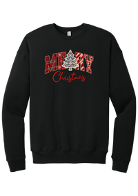 Merry Lace and Pattern Applique crewneck sweatshirt in Black, featuring faux applique MERRY letters in red plaid, snowflake, candy cane, and gingham fabrics with a lace Christmas tree and red script Christmas