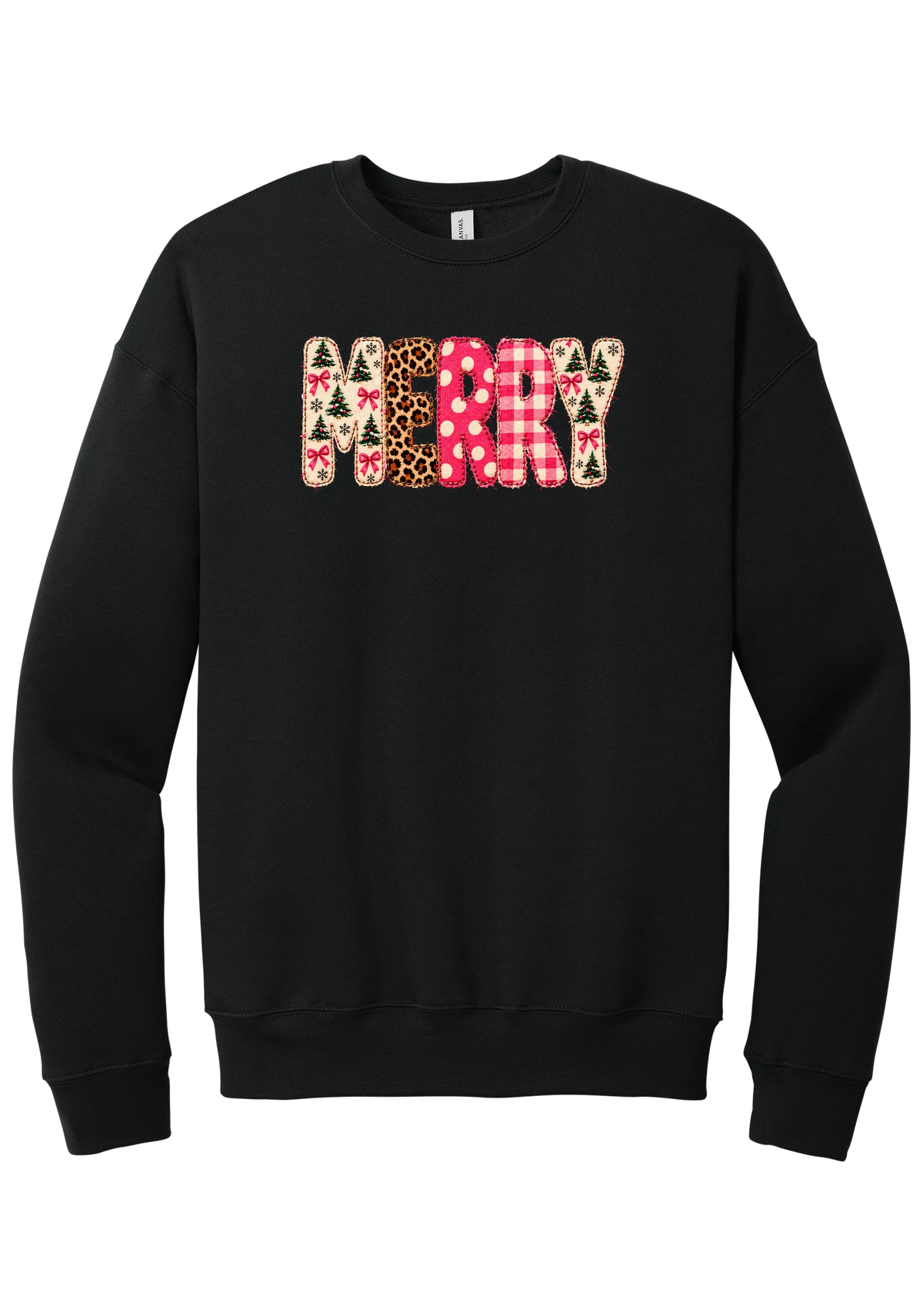 Merry Preppy Applique crewneck sweatshirt in Black, featuring faux applique MERRY letters in pink and green patchwork patterns with trees, gingham, Santas, polka dots, and candy cane stripes