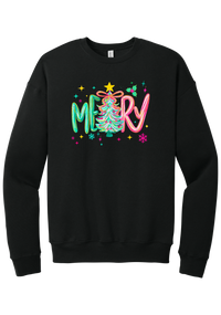 Merry Tinsel Tree crewneck sweatshirt in Black, featuring puffy teal and pink MERRY letters around a tinsel Christmas tree with a gold star