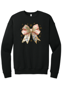 Nativity Bow crewneck sweatshirt in Black, featuring a blush satin bow with painted nativity scenes in its ribbons and gold snowflakes