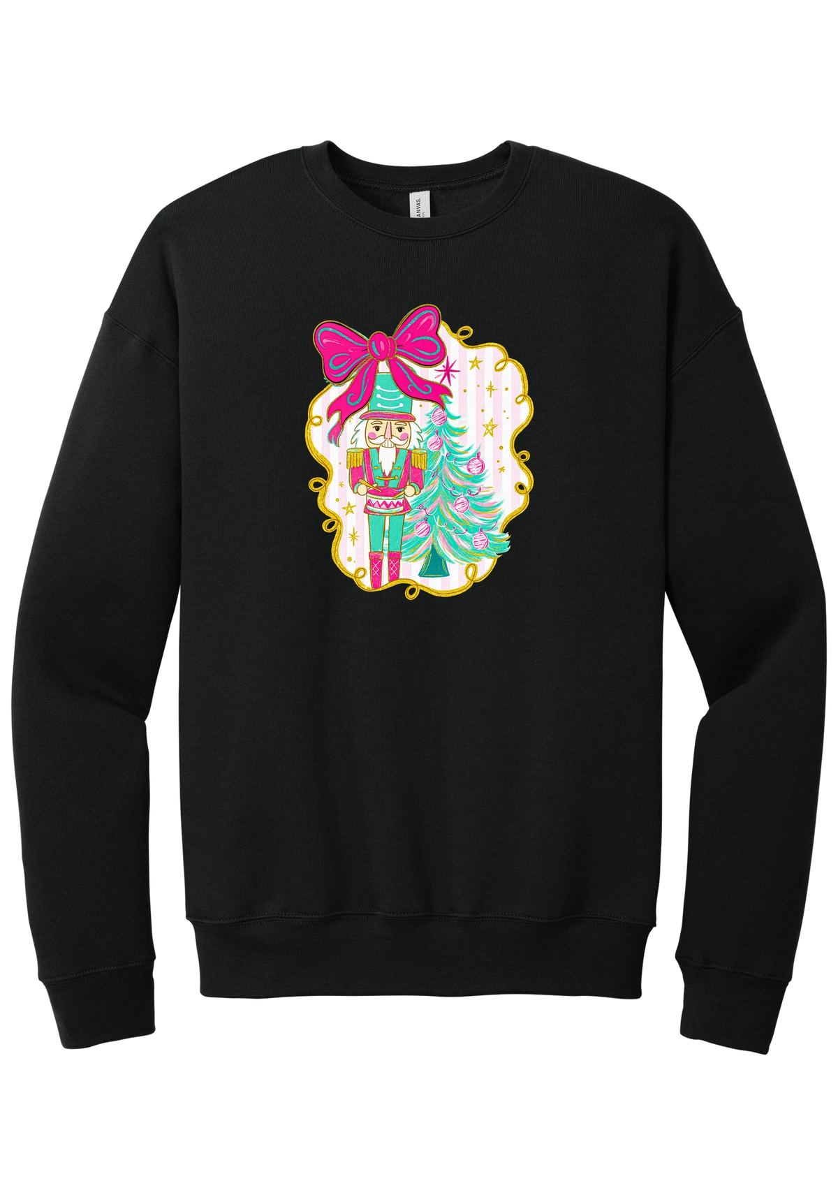 Nutcracker Bow crewneck sweatshirt in Black, featuring a teal and pink nutcracker beside a tinsel tree under a big hot pink bow