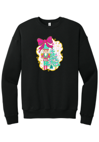 Nutcracker Bow crewneck sweatshirt in Black, featuring a teal and pink nutcracker beside a tinsel tree under a big hot pink bow