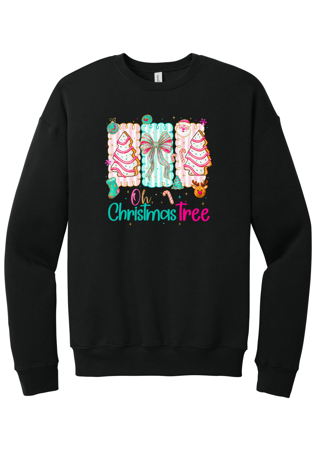 Oh Christmas Tree Cakes crewneck sweatshirt in Black, featuring frosted Christmas tree snack cakes on pink and mint panels over Oh Christmas Tree lettering