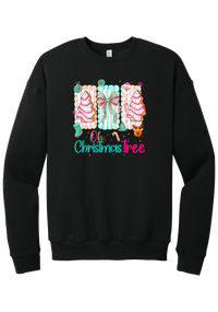 Oh Christmas Tree Cakes crewneck sweatshirt in Black, featuring frosted Christmas tree snack cakes on pink and mint panels over Oh Christmas Tree lettering