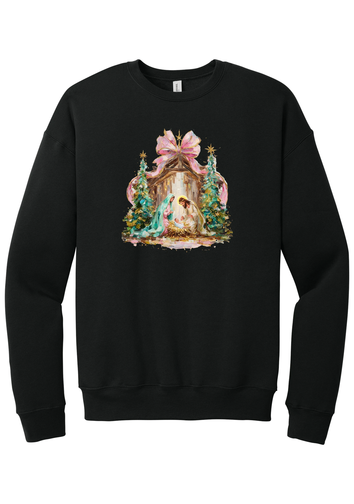 Painterly Nativity crewneck sweatshirt in Black, featuring a painterly nativity scene with Mary, Joseph, and baby Jesus in a wooden stable between teal Christmas trees and a pink bow