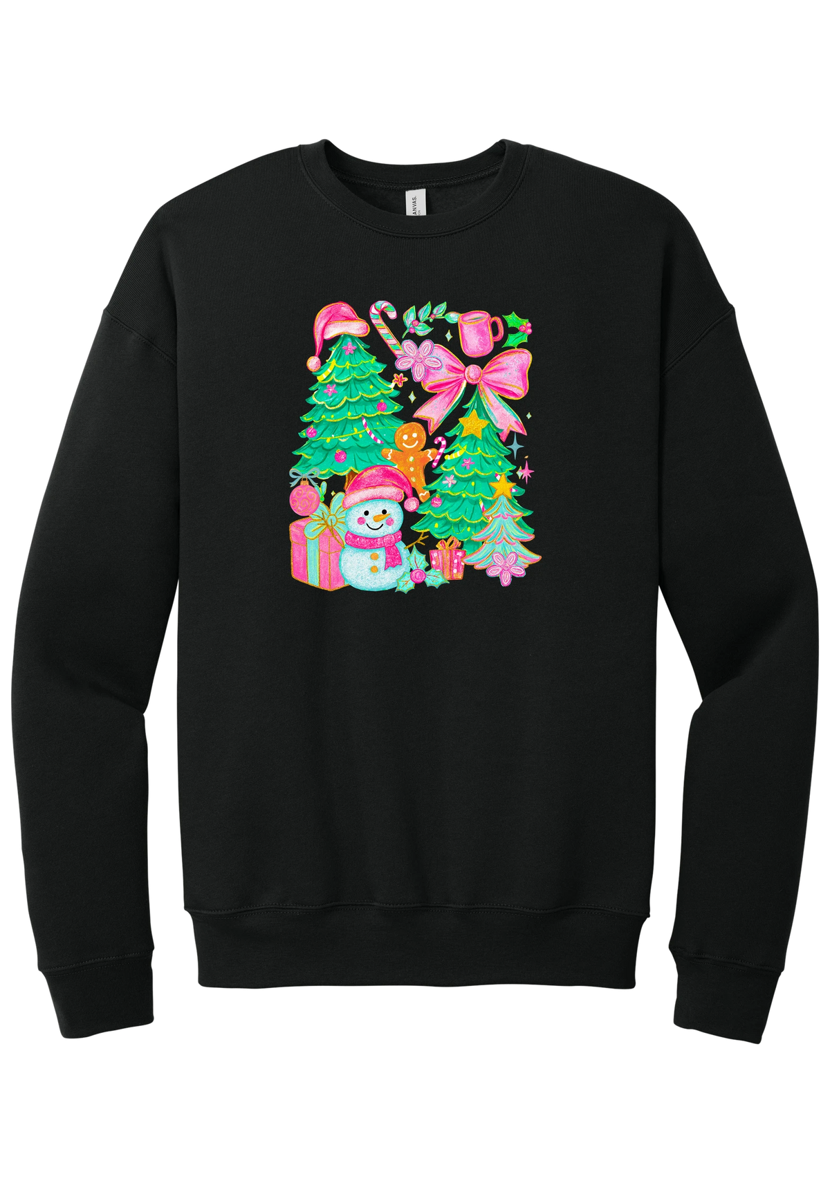 Preppy Christmas Doodle crewneck sweatshirt in Black, featuring a doodle collage of Christmas trees, a snowman, a gingerbread man, gifts, and pink bows